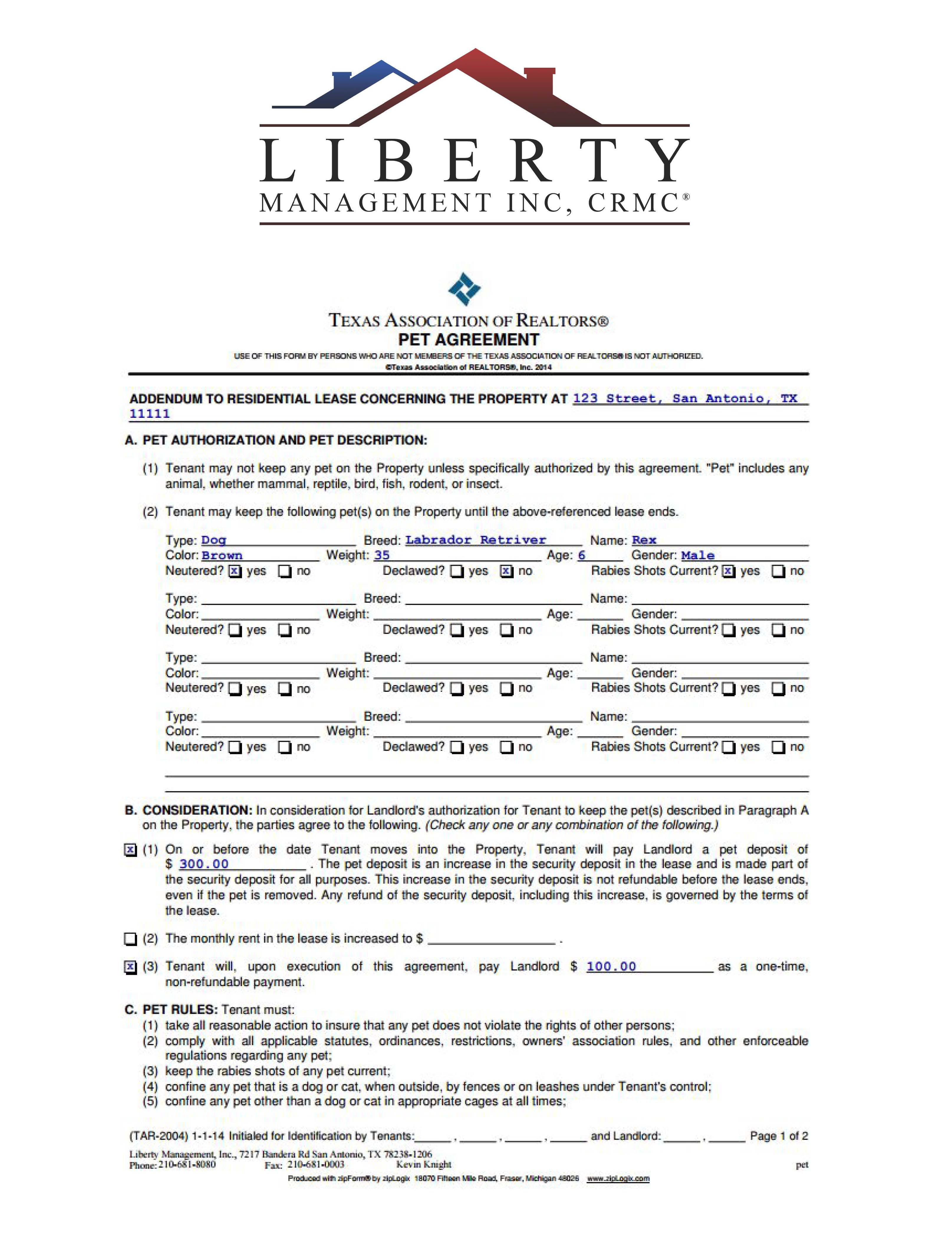 Pet Agreement Sample